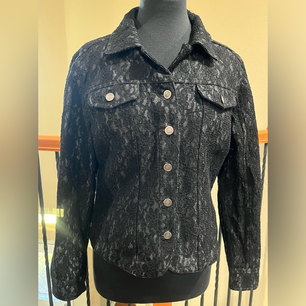 Jendo Black Lace DENIM BUTTON UP JACKET WOMEN SIZE 12 - Picture 3 of 8
